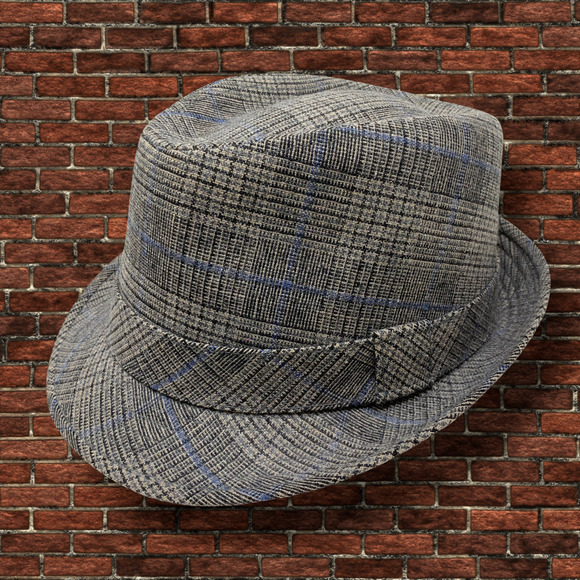 Concept One Sz L Gray Blue Plaid Fedora Gangster Hat Trilby Cuban Wool Blend - Picture 1 of 6